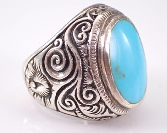 Vintage Sterling Silver Turquoise Ring - Estate Chunky Dome Cigar Band - Unique Cocktail Jewelry Gift