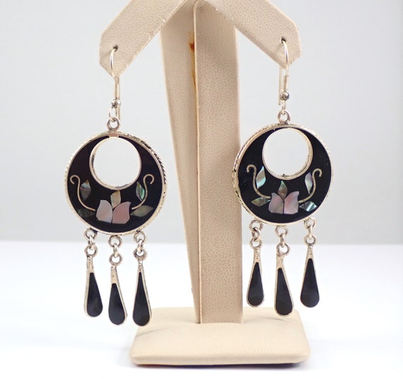 Vintage Onyx and Mother of Pearl Earrings, Sterling Silver Bohemian Dangle Earrings, Gypsy Style Floral Dangle Earrings