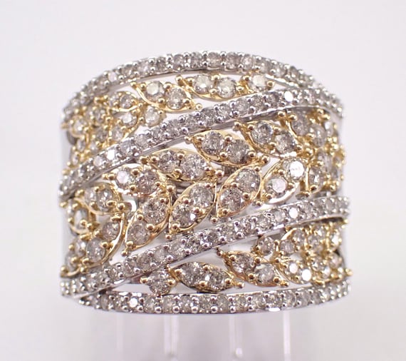 14K Yellow Gold Diamond Anniversary Ring: Two Tone Multi Row Wedding Cigar Band
