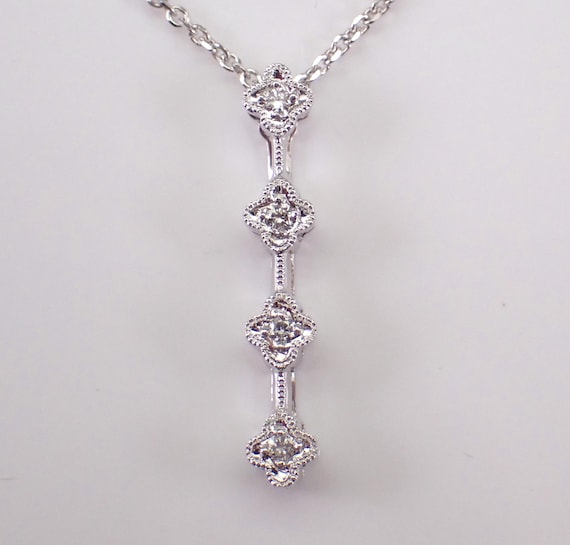 14K White Gold Diamond Necklace: Dangle Charm Pendant and Chain