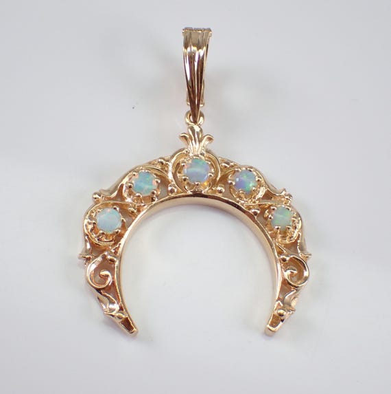 14K Yellow Gold Opal Crescent Moon Pendant, Large Unique Estate Charm Enhancer Slide for Omega Necklace Chain