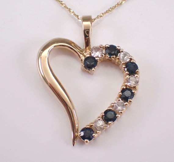 Vintage 14K Yellow Gold Heart Necklace - Estate Sapphire Charm Pendant and Chain