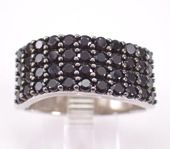 Sterling Silver Black Diamond Ring - Unique Wide Cluster Wave Band - Vintage Fine Jewelry Gift