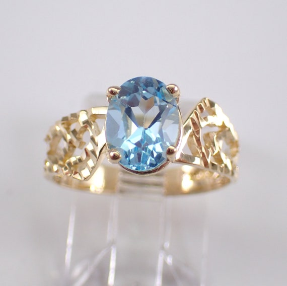 80s Vintage Blue Topaz Ring - Yellow Gold Solitaire Engagement Setting - Unique Gemstone Fine Jewelry