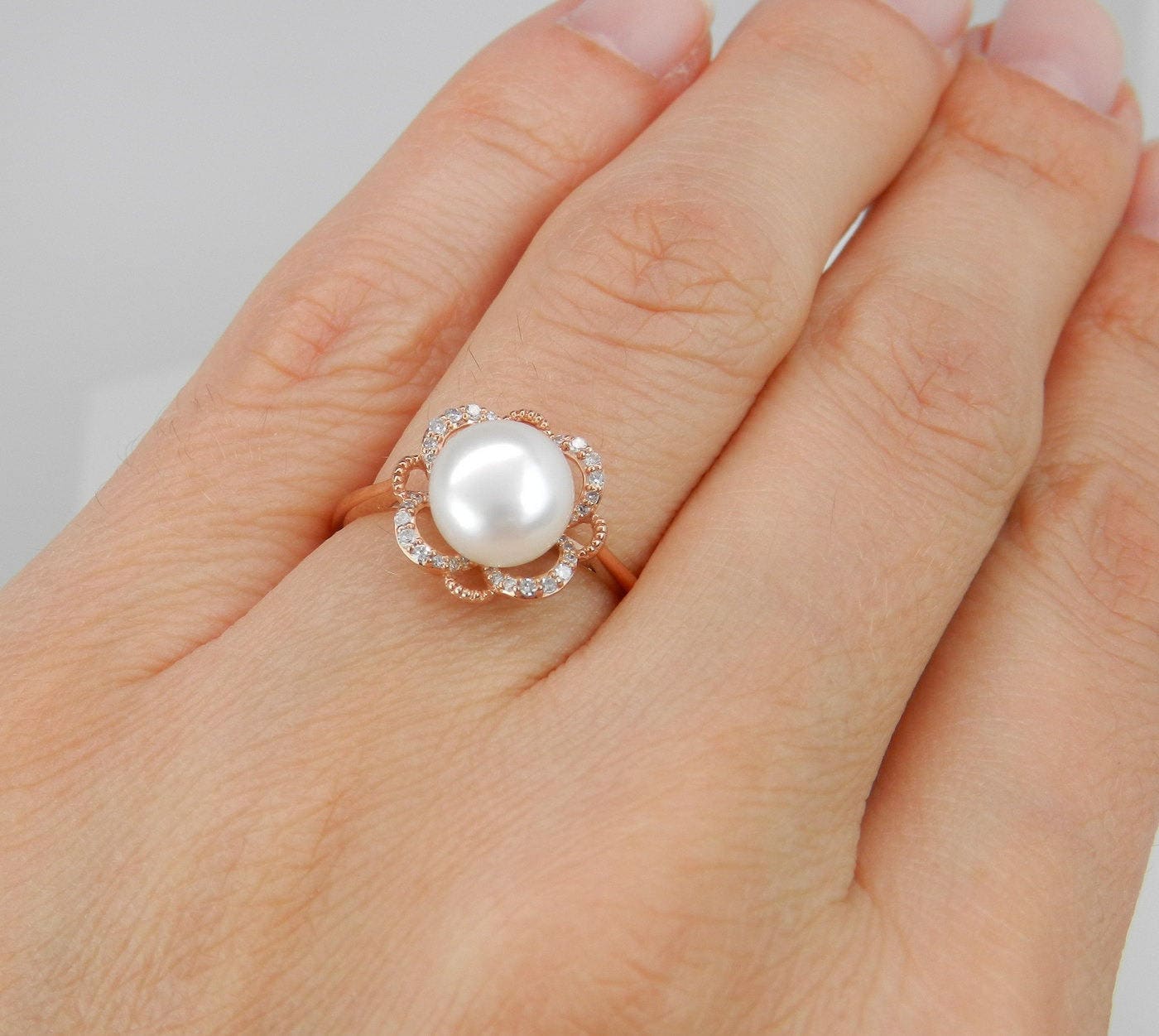 Diamond and Pearl Engagement Ring Promise Ring Rose Gold Size 7 June
