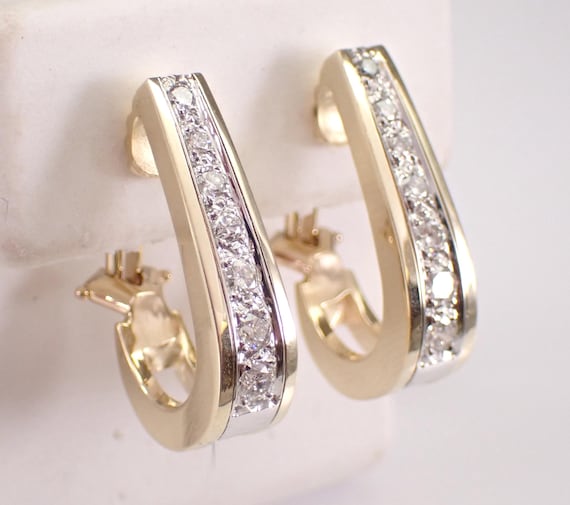 14K Yellow Gold Diamond Hoop Earrings - Tapered Estate Huggie Hoops - Unique Fine Jewelry Gift