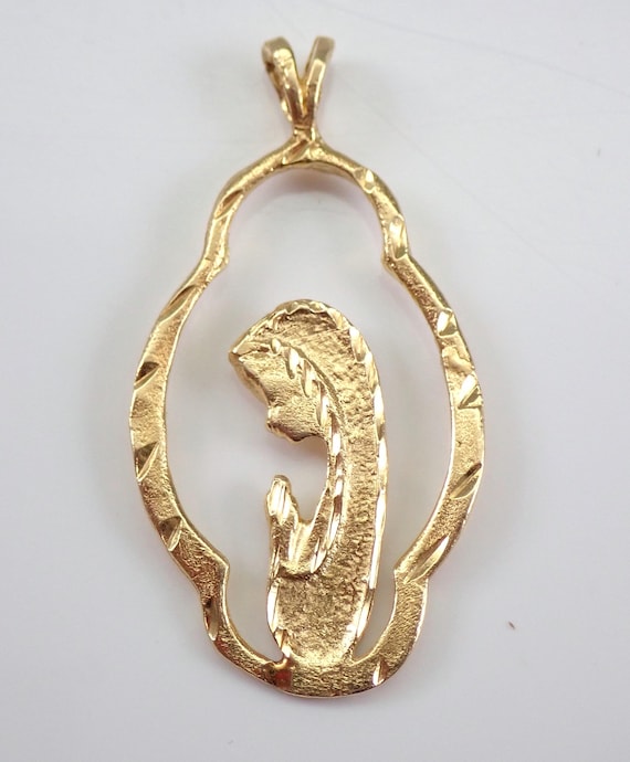 Vintage Virgin Mary Charm - 14k Yellow Gold Religious Medal Pendant - Antique Holy Mother Medallion