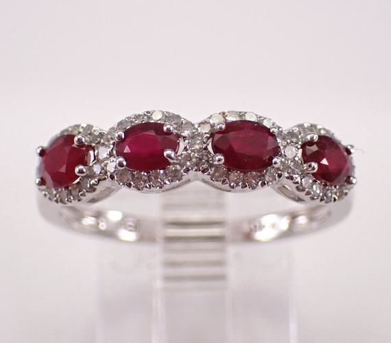 14K White Gold Ruby Wedding Ring - Diamond Halo Anniversary Band - Gemstone Bridal Fine Jewelry Gift