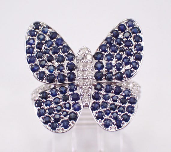 14K White Gold Sapphire Butterfly Ring - Unique Pave Cluster Gemstone Band - GalaxyGems Fine Jewelry Gift