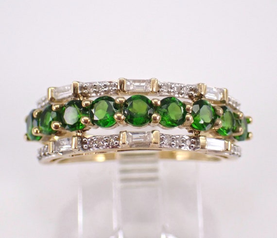 Chrome Diopside and Diamond Ring - Yellow Gold Wedding Anniversary Band Setting - Forest Green Color Gemstone Jewelry