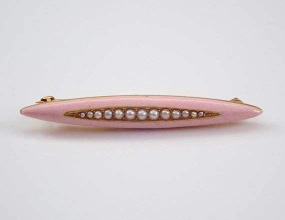 Vintage Pink Enamel and Seed Pearl Brooch Stick Pin, Antique Lapel Pin