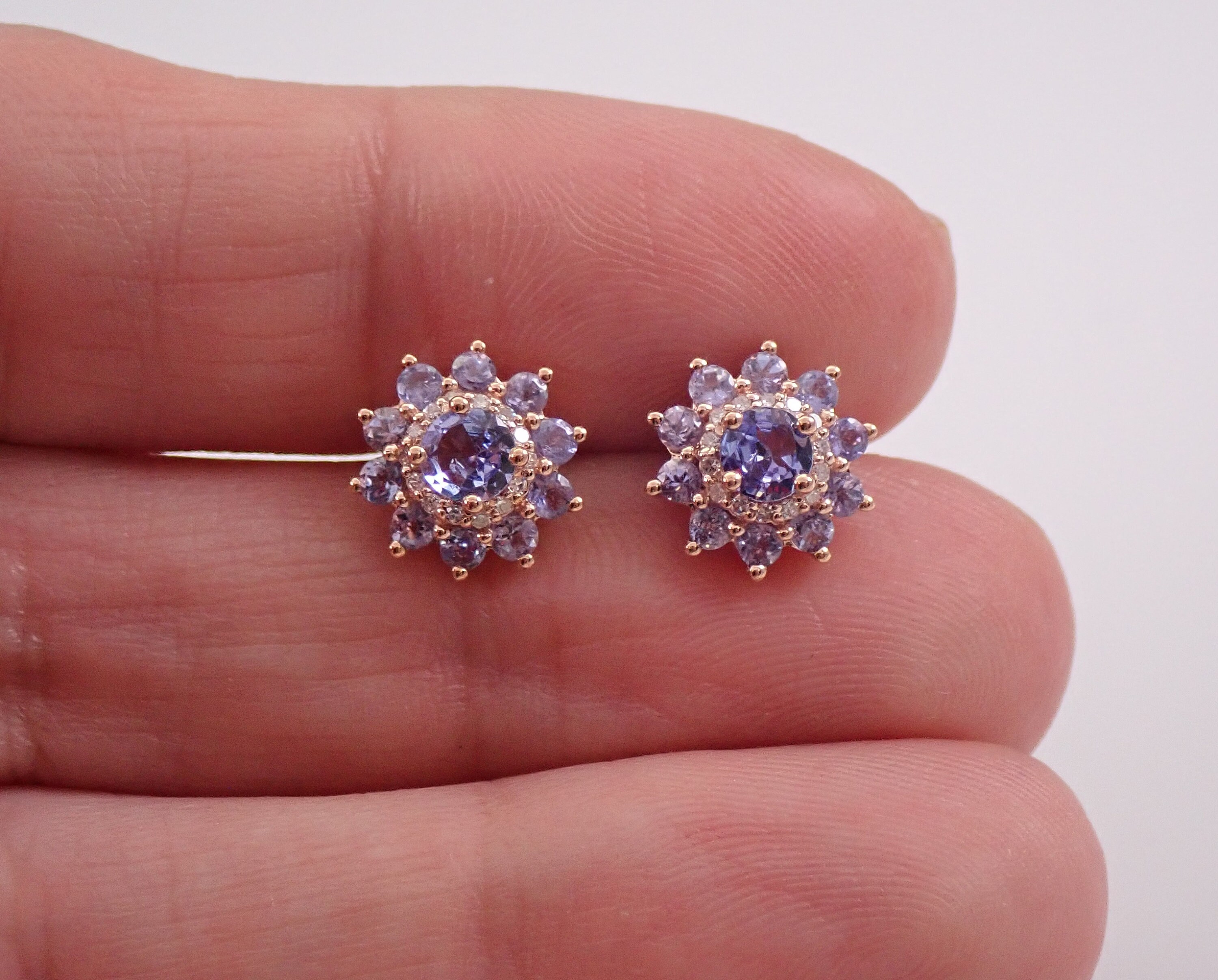 Tanzanite and Diamond Stud Earrings Flower Cluster Wedding Studs Rose ...