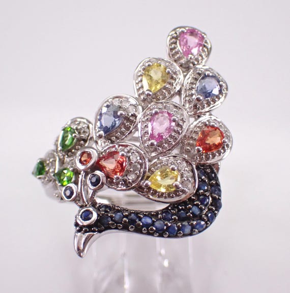 Vintage Sterling Silver Peacock Ring - Large Multi Color Sapphire Gemstone Band - Estate Fancy Unique Jewelry Gift