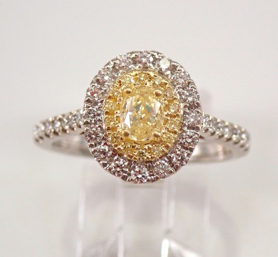 18K White and Yellow Gold Canary Oval Diamond Halo Engagement Ring, Fancy Yellow Diamond Right Hand Ring  Size 7.5