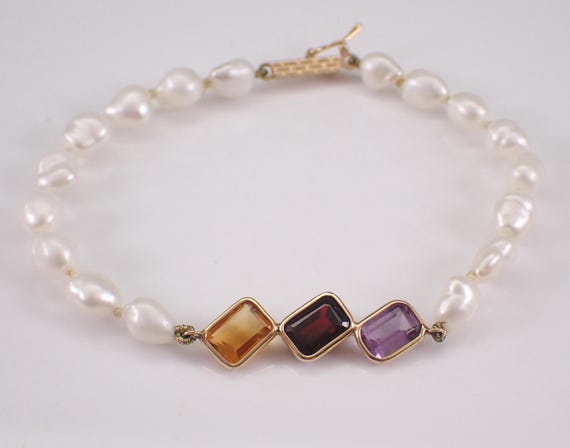 Vintage Pearl and Gemstone Tennis Bracelet - 14K Yellow Gold Freshwater Beaded Link, Citrine Garnet and Amethyst Gems