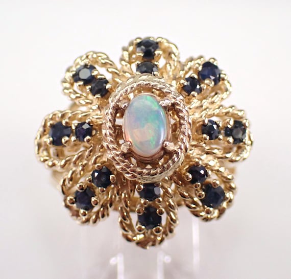 14K Yellow Gold Sapphire Flower Ring - Vintage Opal Cluster Setting - Unique Estate Fine Jewelry Gift
