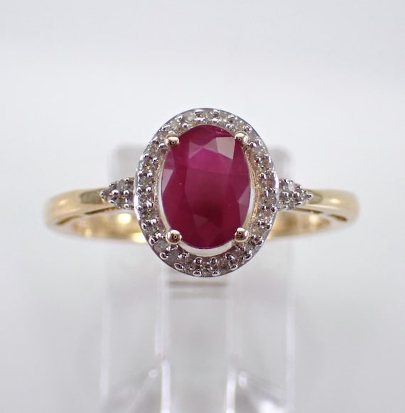 Ruby and Diamond Engagement Ring, Yellow Gold Gemstone Halo Setting, Genuine July Birthstone Jewelry Gift