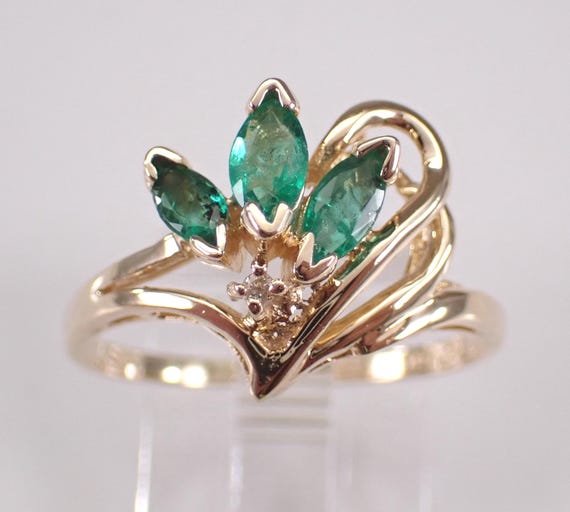 14K Yellow Gold Diamond and Emerald Ring, 90s Vintage Cluster Band, May Birthstone Fine Jewelry Gift