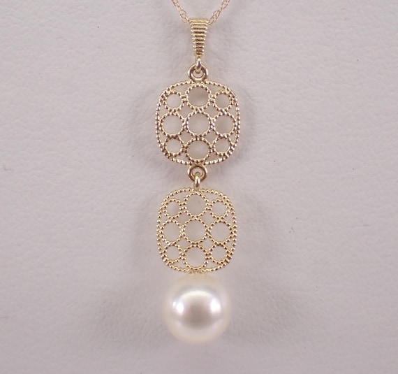 14K Yellow Gold Pearl Charm Necklace: Filigree Dangle Drop Pendant and Chain