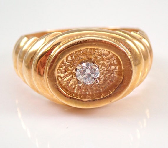 Vintage Diamond Solitaire Ring - 14k Solid Gold Unisex Engagement Ring - 70s Chunky Oval Pinky Ring