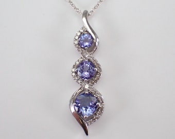 Tanzanite and Diamond Pendant and Chain - White Gold Three Stone Charm Necklace - December Gemstone Fine Jewelry Gift