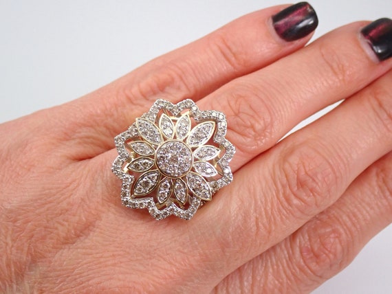 Genuine 2 carat Diamond Cocktail Ring - Flower Cluster Right Hand Ring - Solid Yellow Gold Floral Jewelry