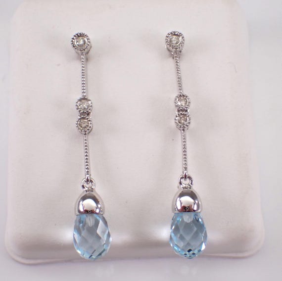 14K White Gold Blue Topaz Briolette Earrings, Unique Dangle Diamond Bar Setting, GalaxyGems Gemstone Jewelry Gift