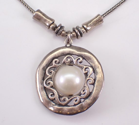 Vintage Sterling Silver Pearl Necklace: Shablool Didae Charm Pendant Choker Chain