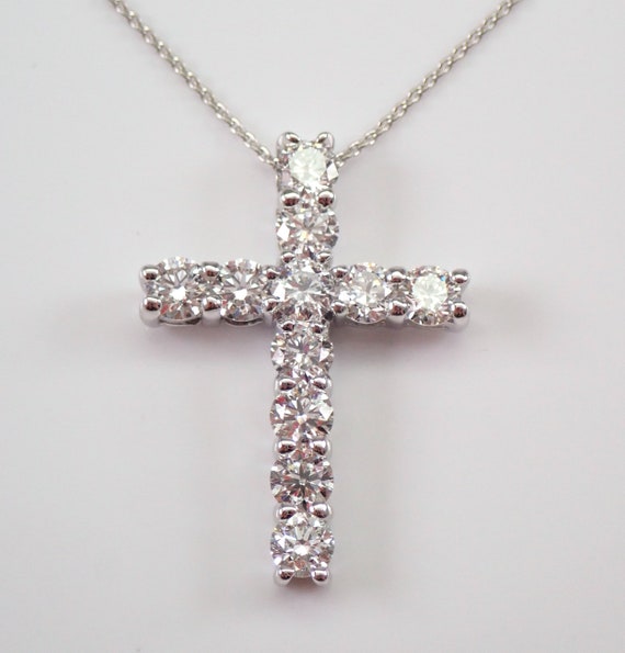 Large Diamond CROSS Pendant Necklace 14K Solid White Gold
