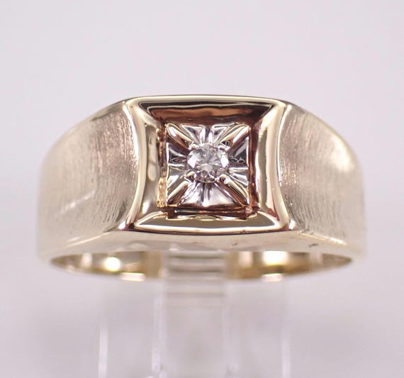Mens Yellow Gold Diamond Pinky Ring - Vintage Engagement Solitaire Setting - Unique Wedding Anniversary Band for Him