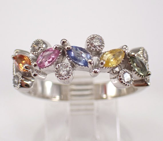 Multi Color Sapphire and Diamond Wedding Ring - 14K White Gold Stacking Anniversary Band - Pink Blue Yellow Green Orange Gemstone Gift