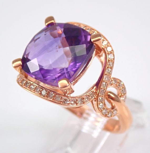 Rose Gold Amethyst Engagement Ring - Large Diamond Halo Setting - Gemstone Bridal Jewelry Gift