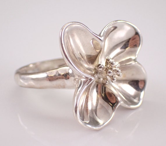 Sterling Silver Floral Ring - Large Chunky Estate Flower Band - Unique Jewelry Gift