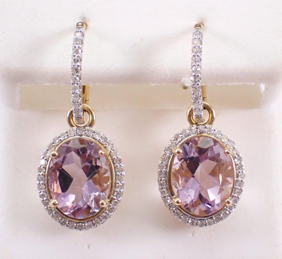 14K Yellow Gold Amethyst Earrings - Diamond Halo Dangle Hoop Charms - February Birthday Gemstone Jewelry Gift
