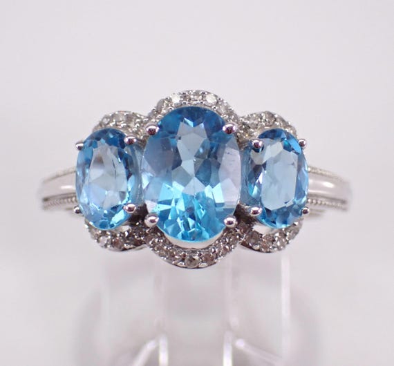 White Gold Blue Topaz Anniversary Ring - Three Stone Diamond Set Wedding Band - December Gemstone Estate Jewelry Gift