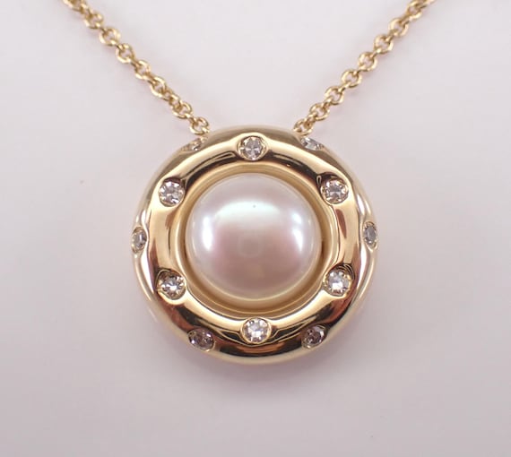 14K Yellow Gold Pearl Necklace: Diamond Halo Pendant and Chain