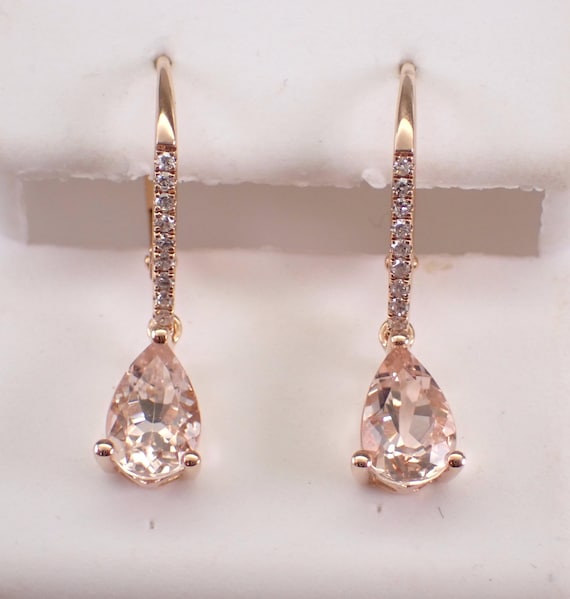 14K Rose Gold Morganite and Diamond Earrings: Teardrop Pink Gemstone Dangle