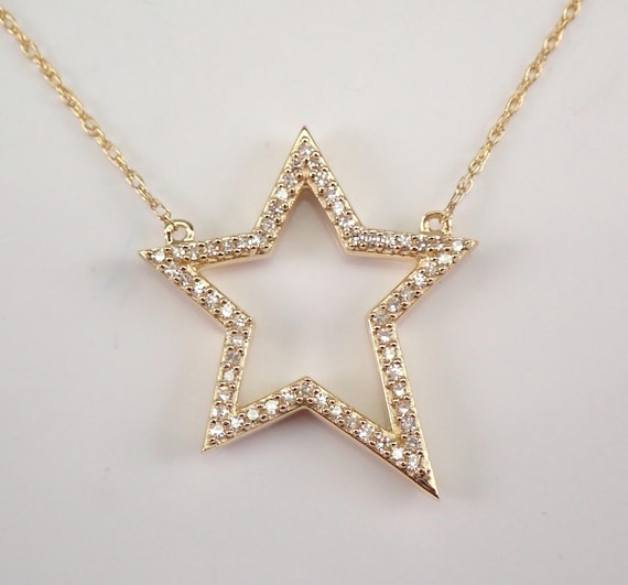 14K Yellow Gold Diamond Star Station Necklace: Celestial Pendant Charm and Chain