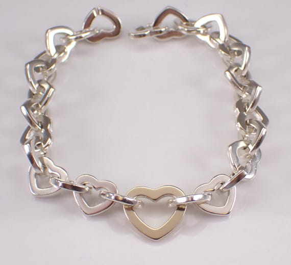 Estate Sterling Silver and 18K Gold Tiffany and Co Heart Bracelet - Vintage Two Toned Fancy Designer Link