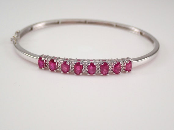 Natural Ruby and Diamond Bangle Bracelet - 14K White Gold Fine Jewelry - July Birthstone Gemstone Gift