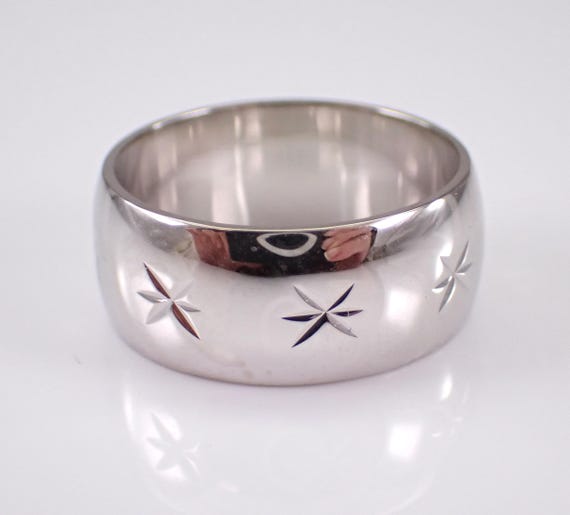 Vintage 14k White Gold Wedding Ring - Wide Etched Star Anniversary Band - Estate Bridal Fine Jewelry Gift
