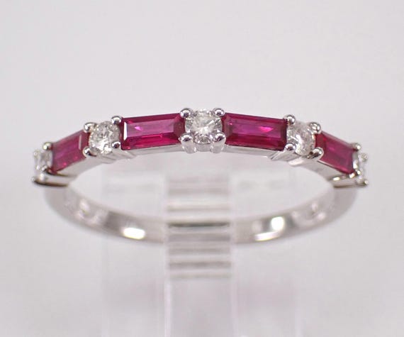 White Gold Ruby Wedding Ring - Diamond and Gemstone Baguette Band - Anniversary Birthstone Jewelry Gift