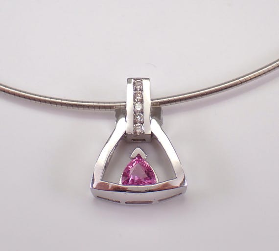 14K White Gold Pink Sapphire Necklace - Thin Omega Slide Charm Pendant Chain - Estate Diamond Anniversary Fine Jewelry Gift