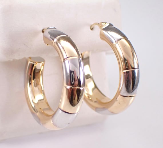 Vintage 14K Two Tone Gold Hoop Earrings - Multi Color Chunky Huggie Hoops - Estate Unique Jewelry Gift