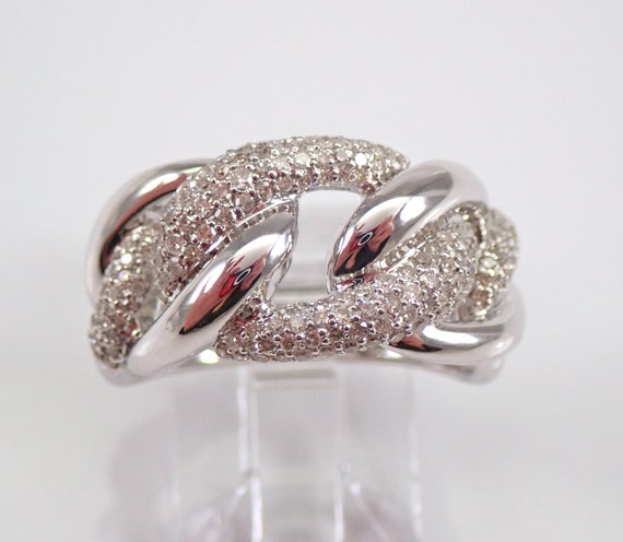White Gold Diamond Wedding Ring - Chain Link Anniversary Band - Unique Stackable Chunky Pave Setting