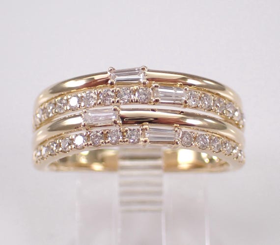 14K Yellow Gold Diamond Multi Row Ring, Baguette Wedding Anniversary Band, Unique Right Hand Bridal Jewelry Gift