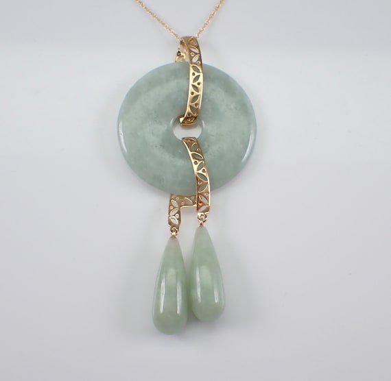 14K Yellow Gold Jade Pendant and Chain - Round Donut Dangle Charm Necklace - Unique Asian Gemstone Lariat