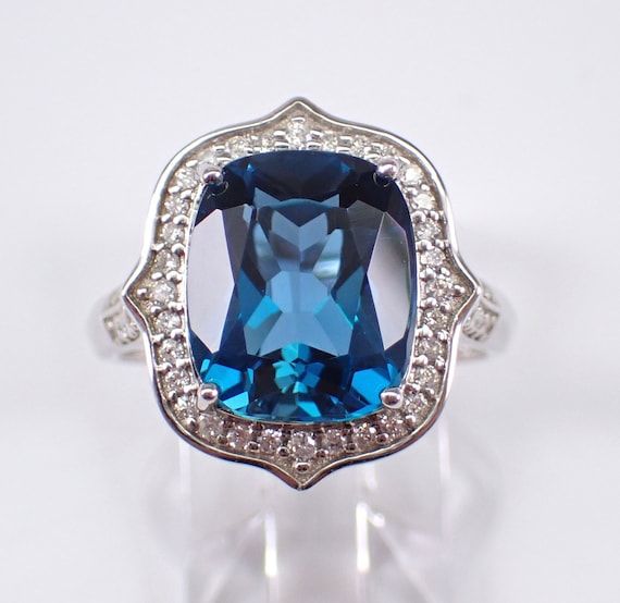 Cushion Cut London Blue Topaz and Diamond Ring - Genuine Halo Engagement Setting - 14K White Gold December Gemstone Jewelry Gift