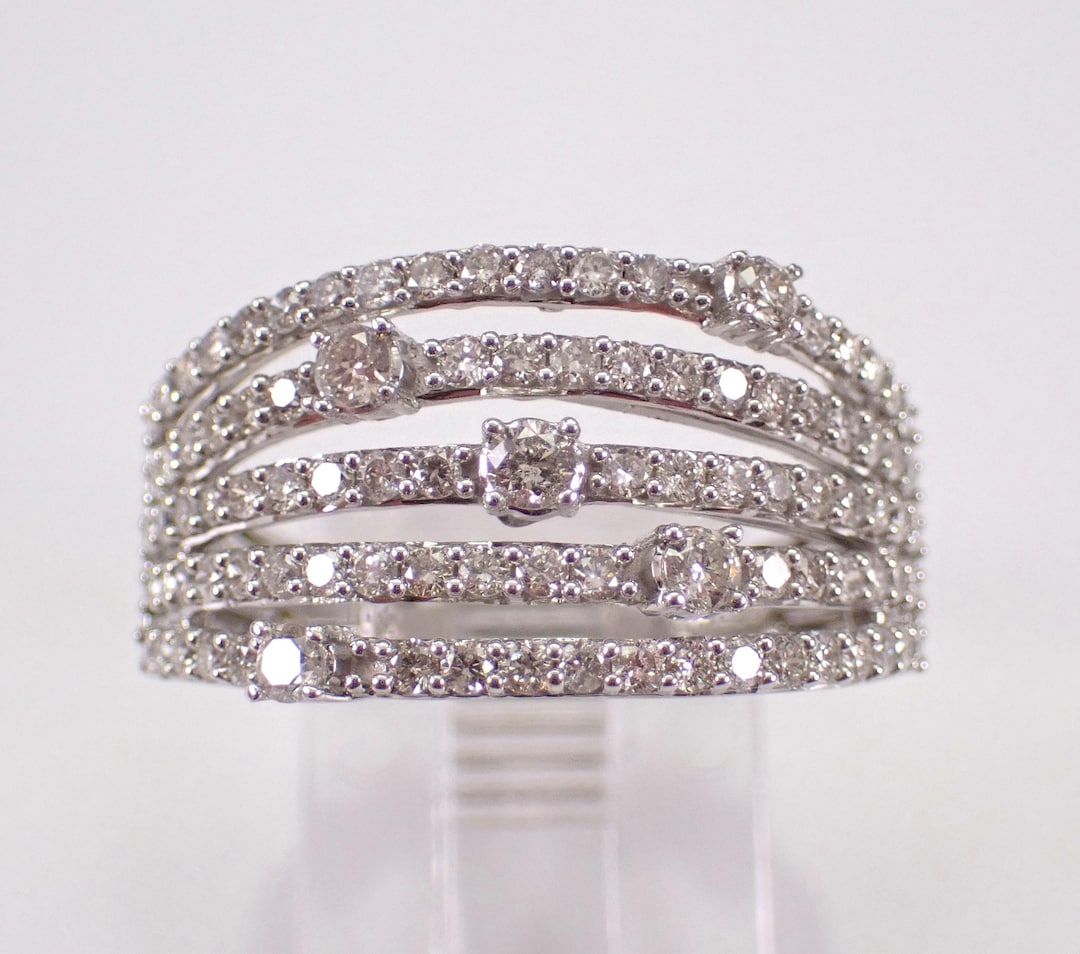 White Gold Multi Row Diamond Ring, Unique Wedding Anniversary Band ...