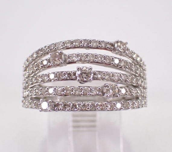 White Gold Multi Row Diamond Ring, Unique Wedding Anniversary Band, Stackable Bridal Fine Jewelry Gift